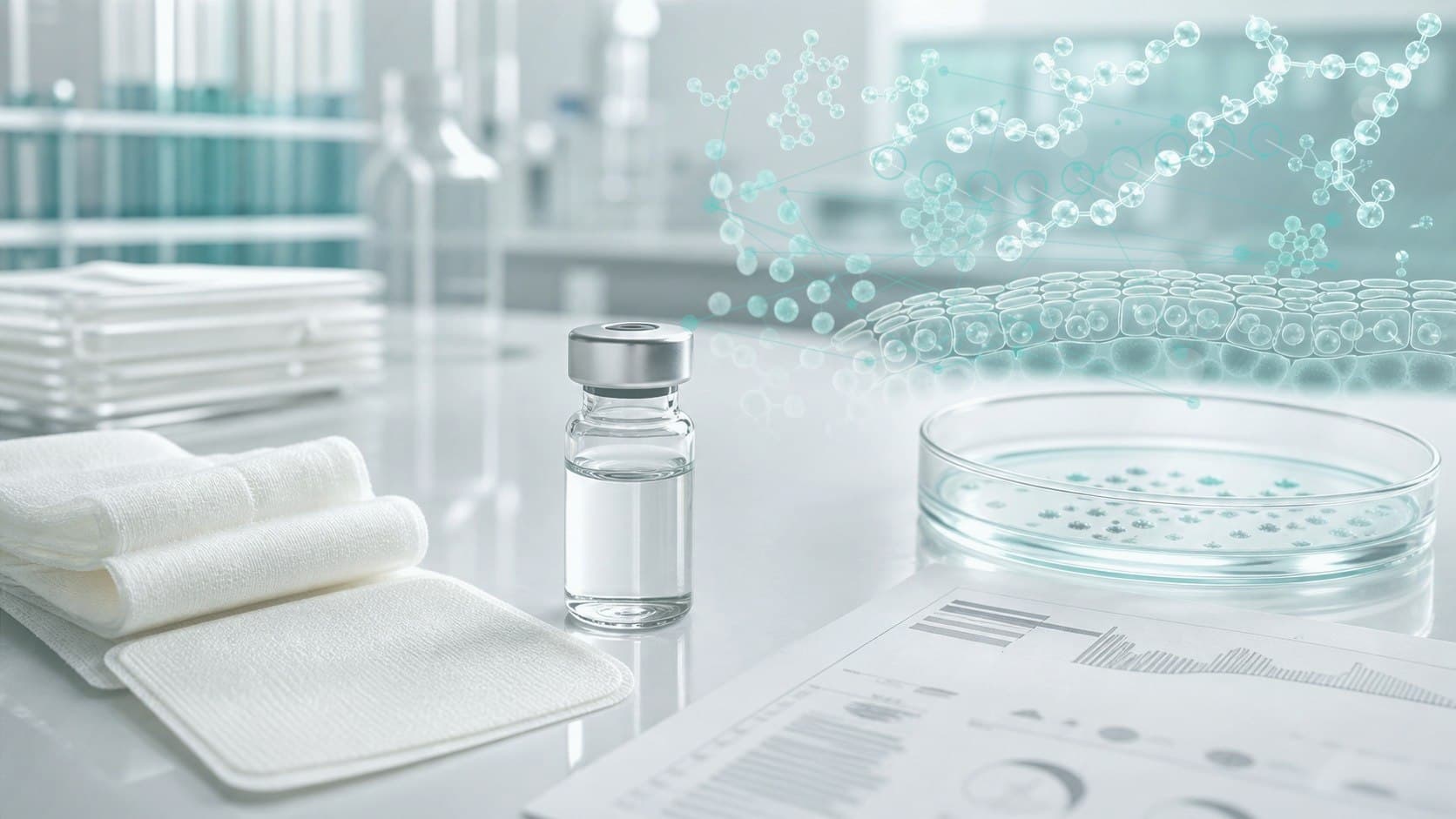 Clinical microbiology bench with unlabeled vial, petri dish and subtle peptide membrane overlay