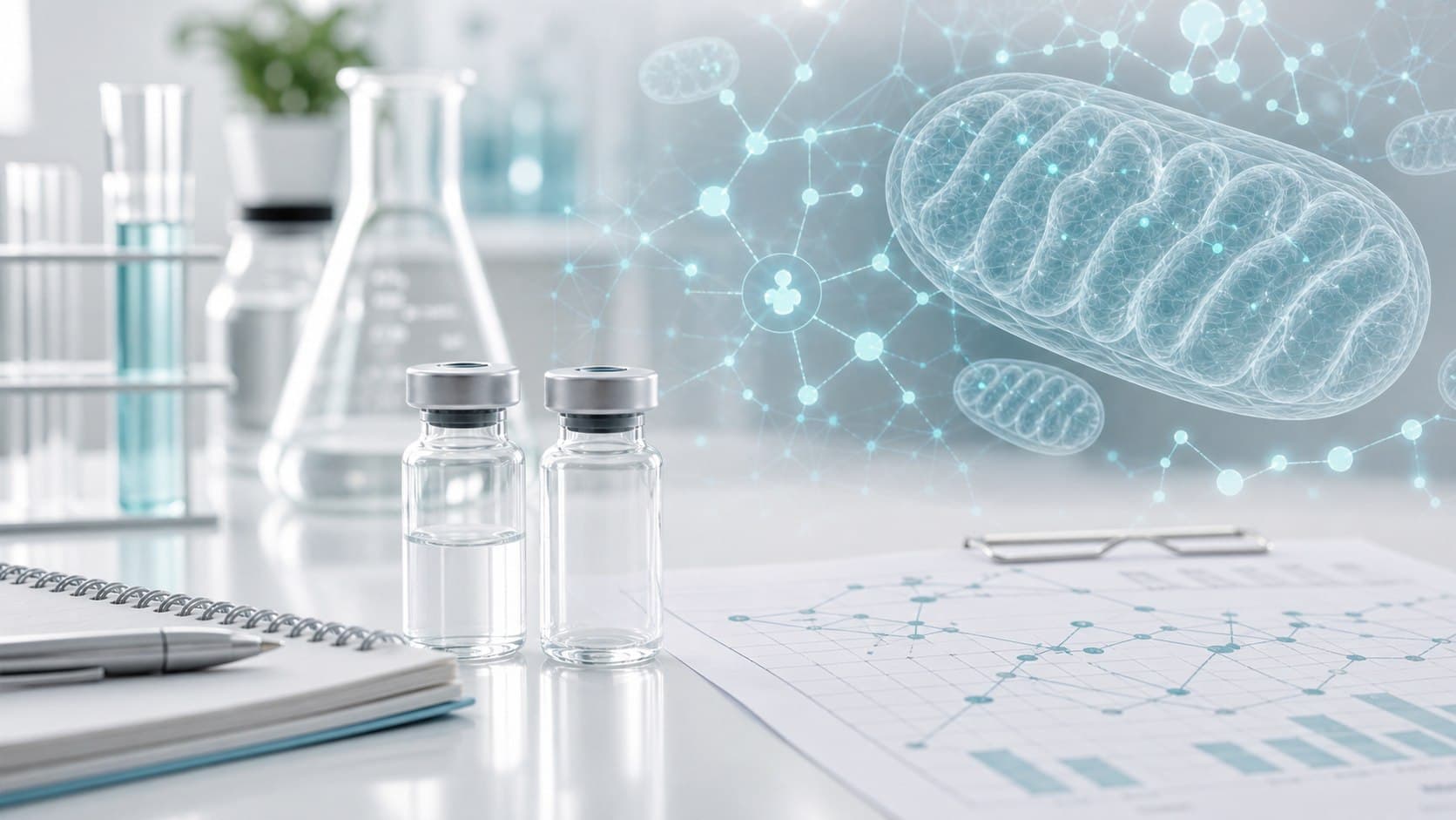 Clinical lab bench with unlabeled vials, mitochondrial schematic overlays and metabolic research charts
