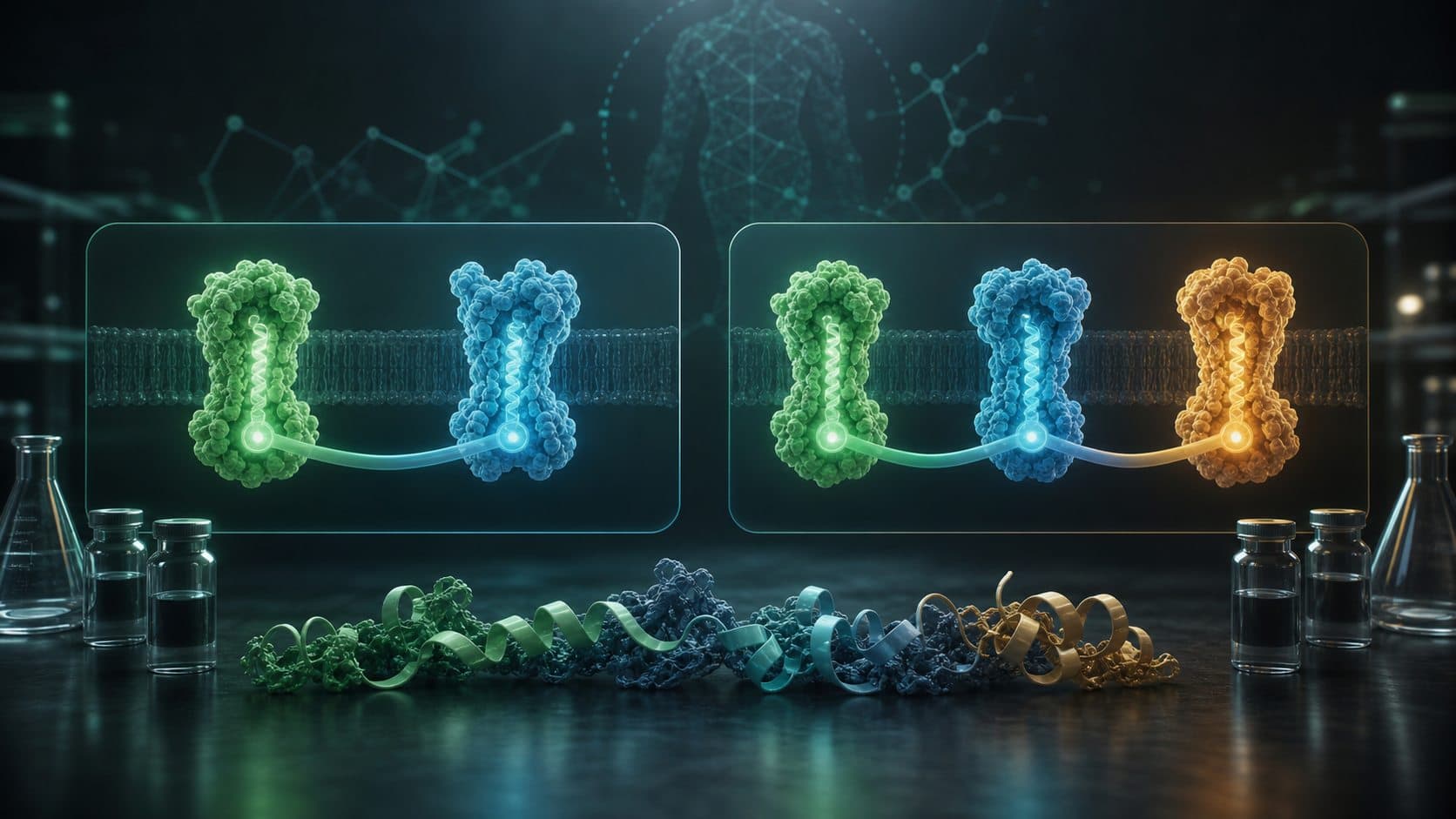 Biotech illustration comparing dual and triple agonist receptor pathways with peptide ribbons and vials