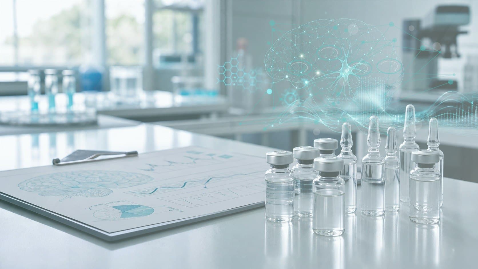 Clinical lab bench with unlabeled vial, neural research chart and subtle synapse network overlay
