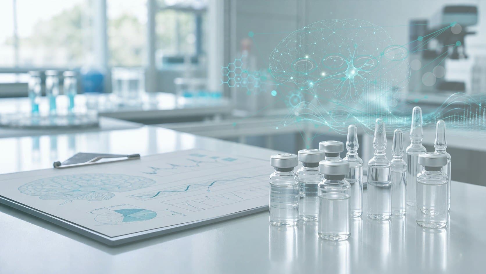 Clinical lab bench with unlabeled vial, neural research chart and subtle synapse network overlay