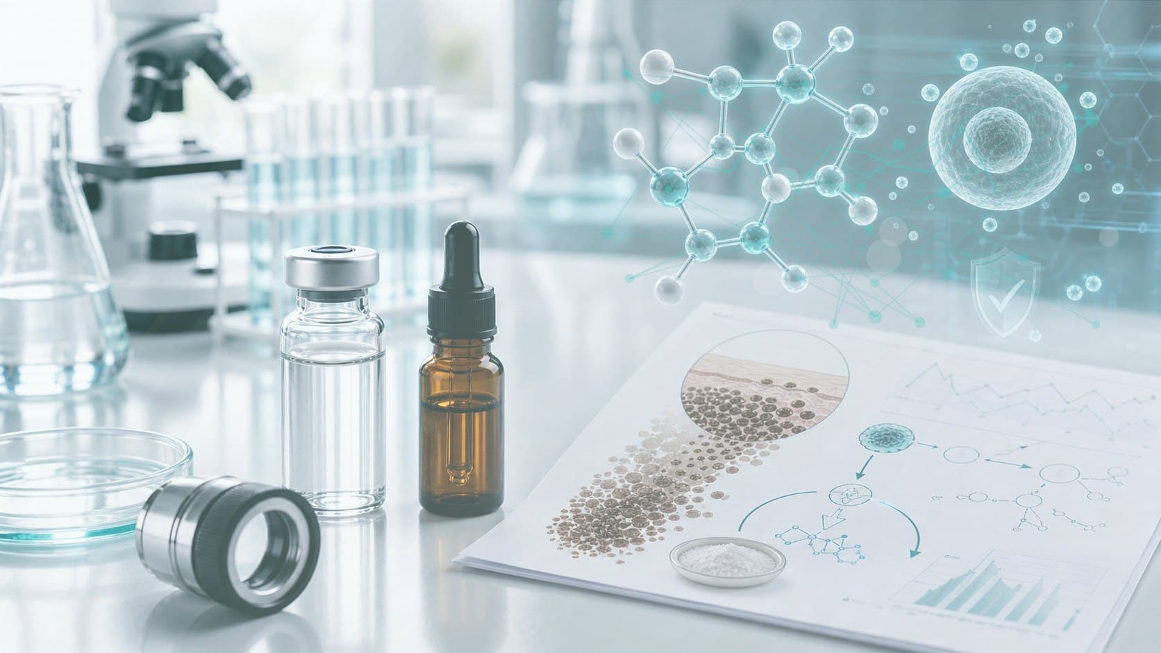 Clinical lab bench with unlabeled vial, cardiac research chart and subtle natriuretic peptide overlay