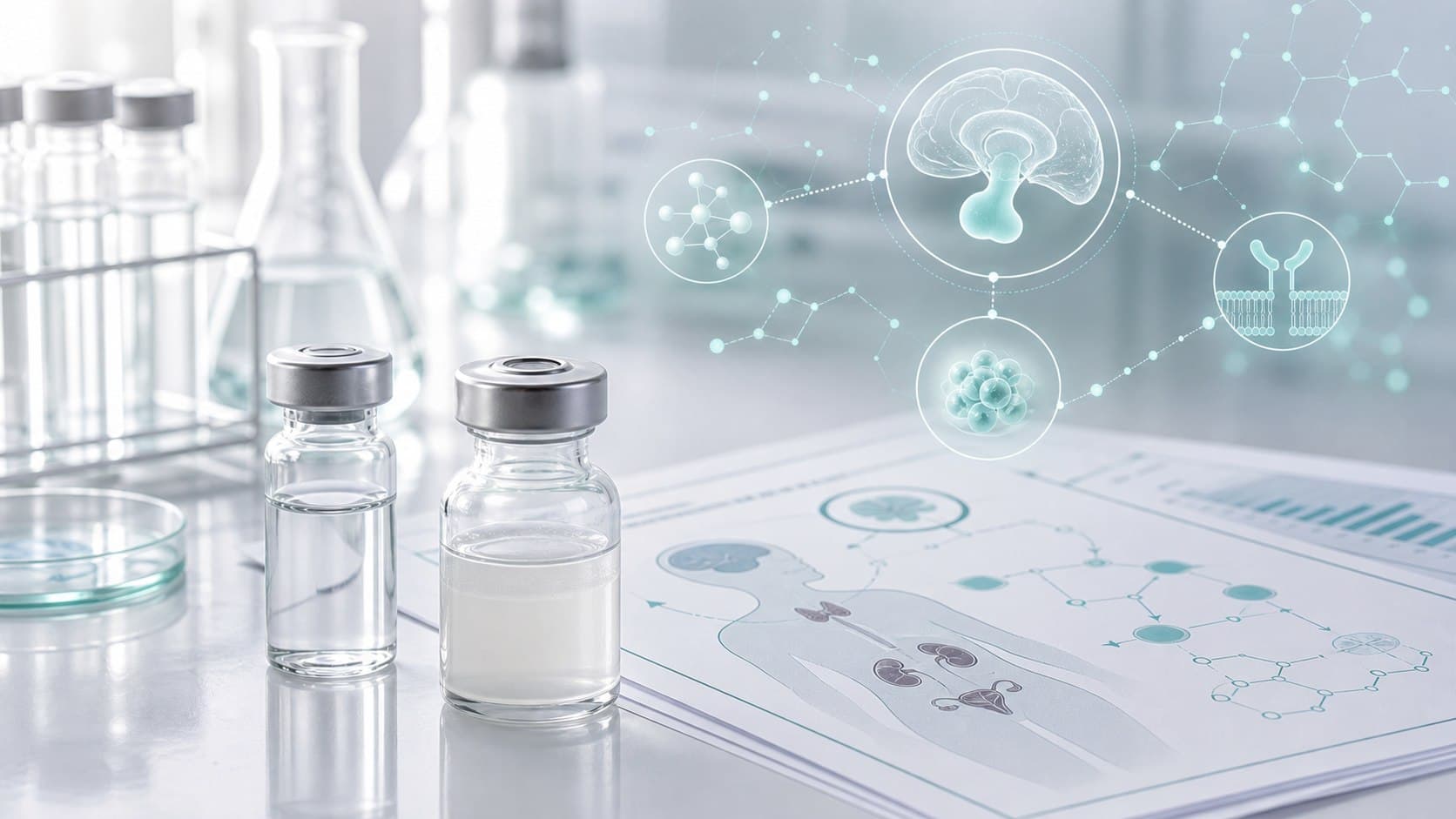 Clinical endocrine research bench with unlabeled vials, chart sheets and subtle somatostatin receptor overlays