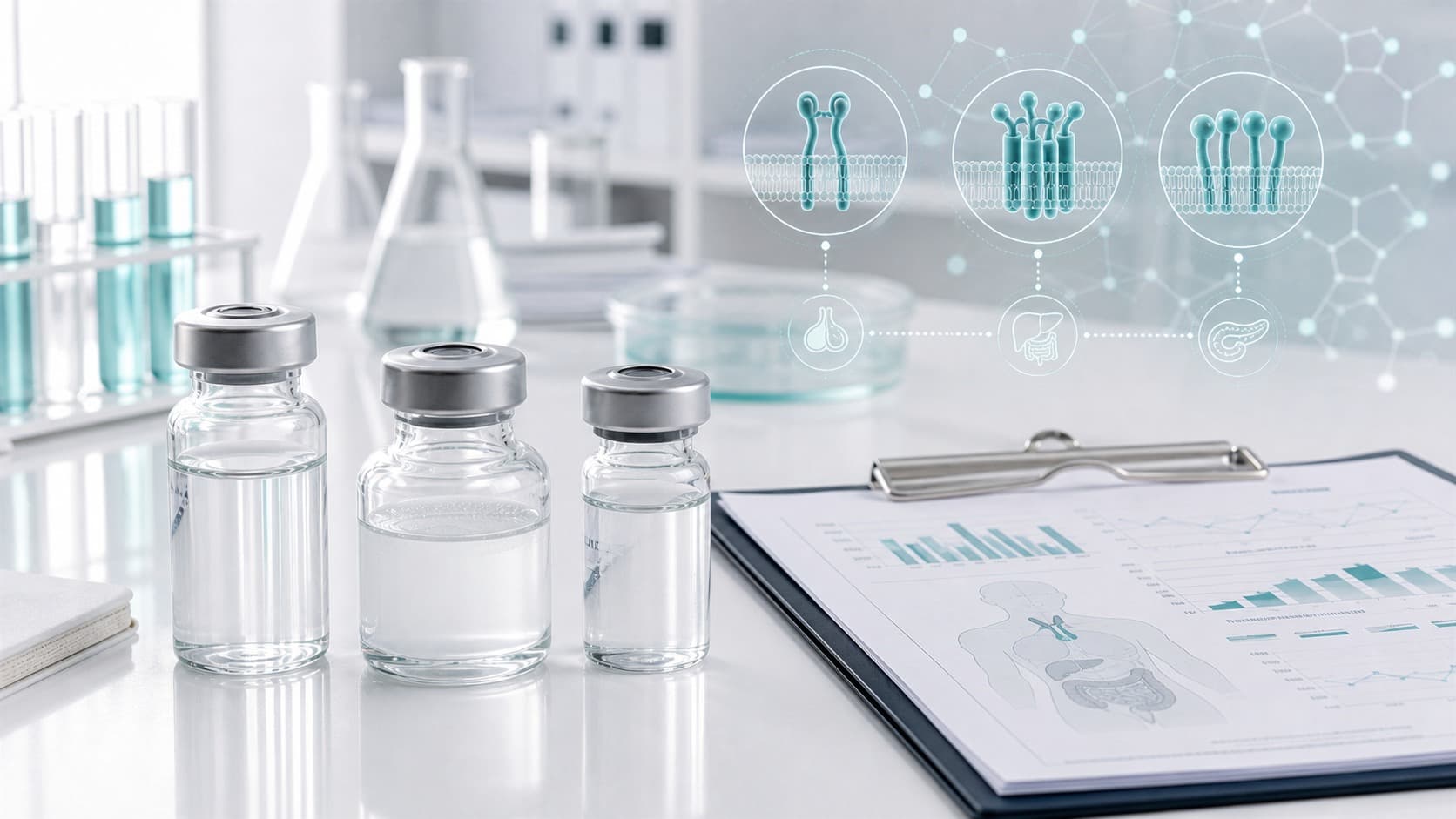 Three unlabeled vials beside endocrine comparison charts on a bright clinical lab bench