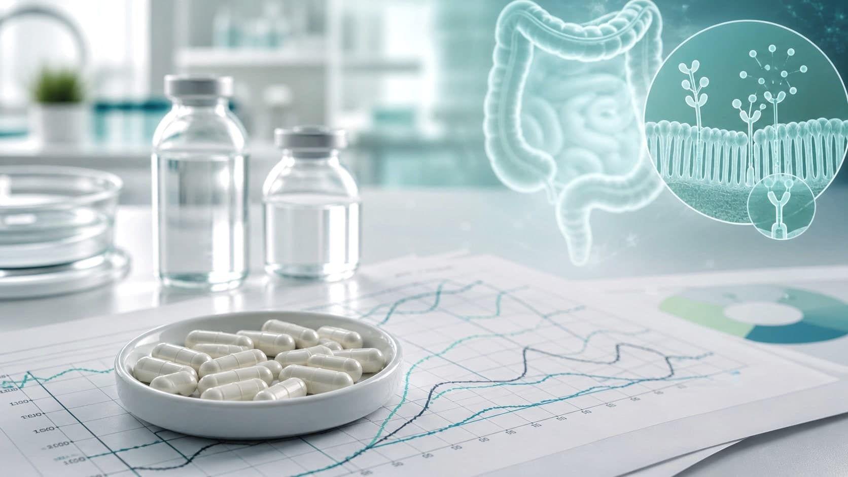 Clinical lab bench with peptide capsules, unlabeled vials, and gut absorption research overlays