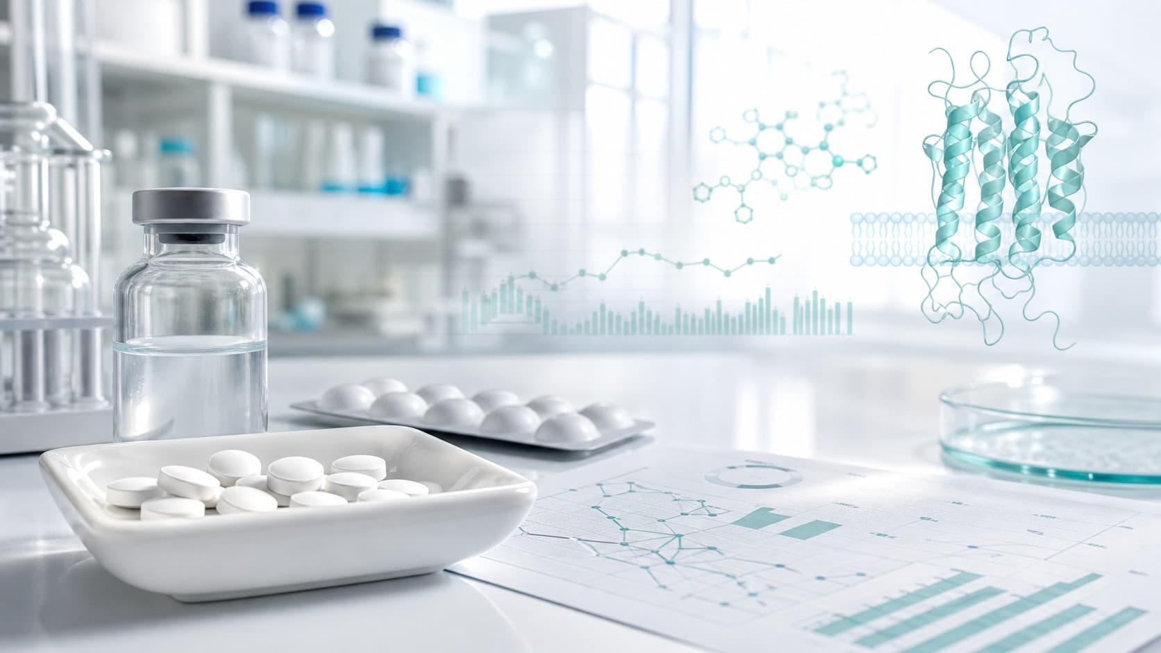 Bright clinical bench with unlabeled oral tablets, metabolic chart paper, vials and subtle teal GLP-1 research overlays