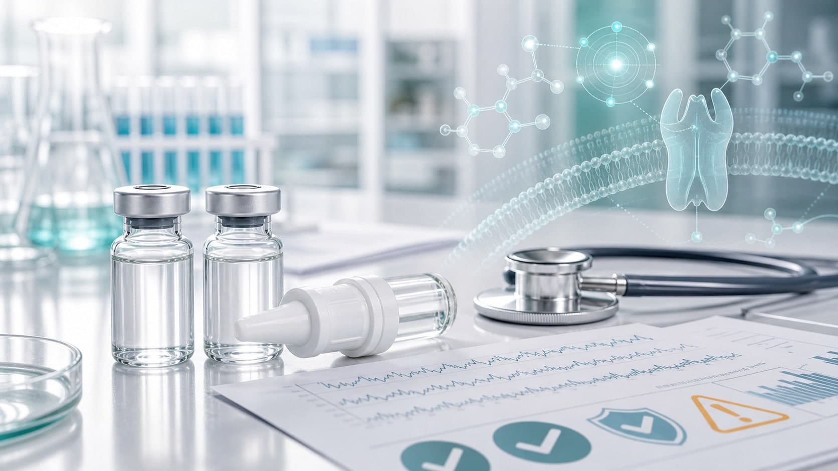 Clinical medicine desk with unlabeled vials, neutral nasal spray, stethoscope and subtle teal receptor signaling overlay