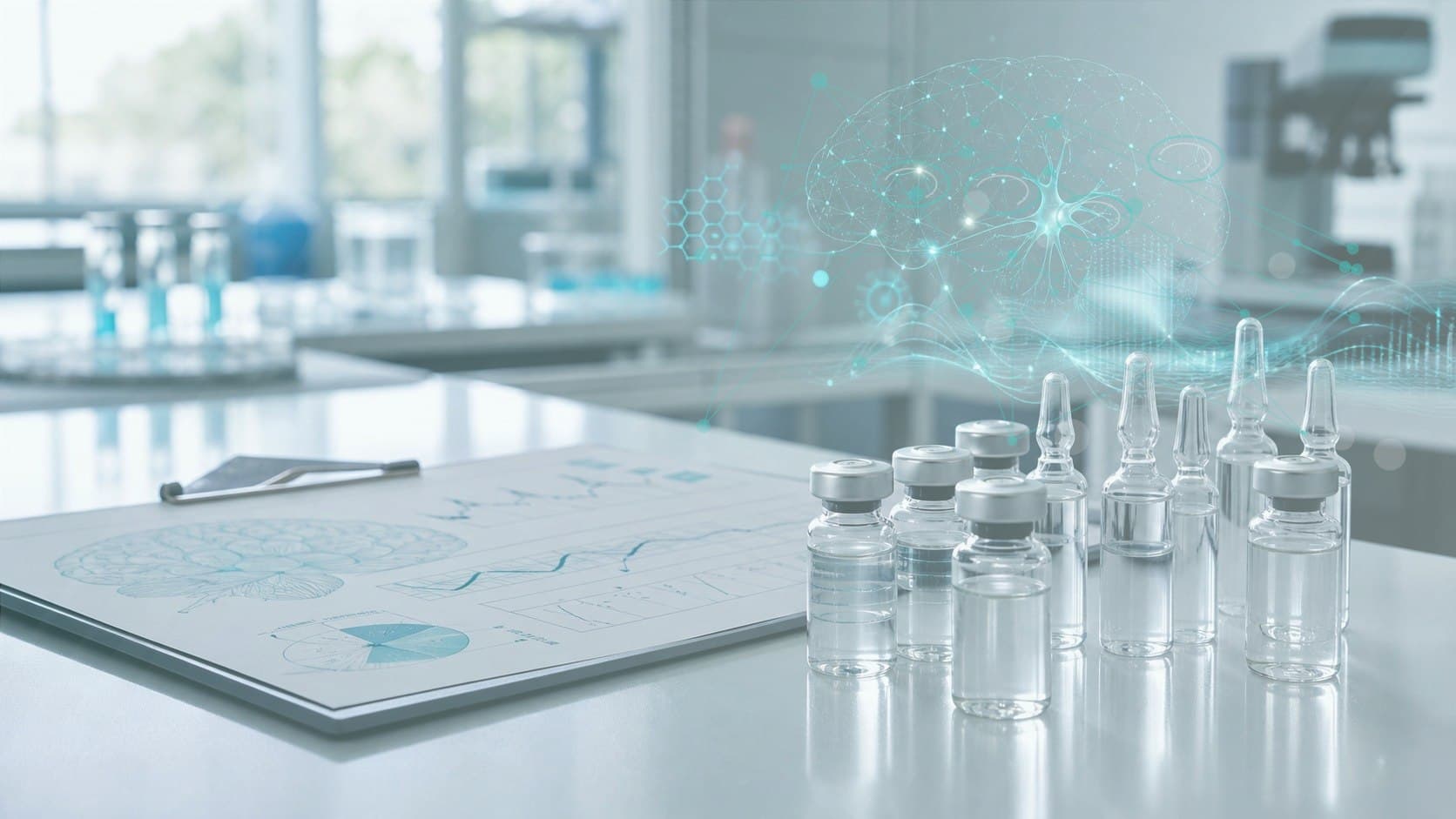 Clinical lab bench with unlabeled vial, neural research chart and subtle synapse network overlay