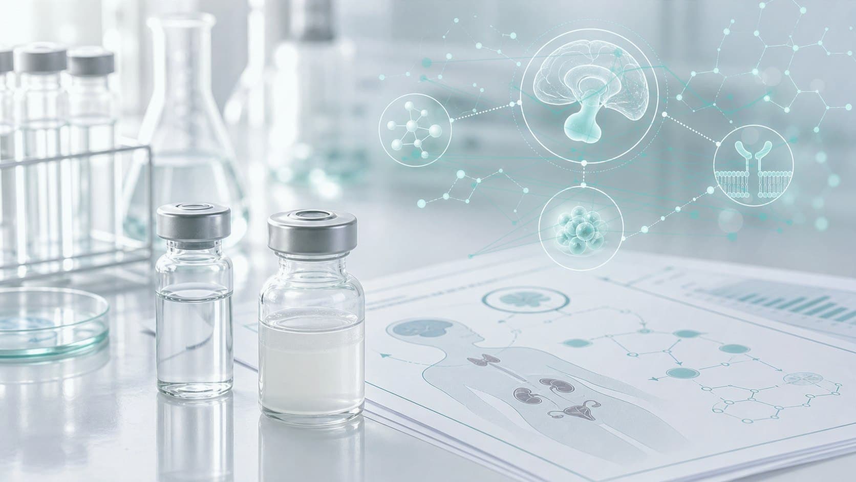 Clinical lab bench with unlabeled vial, endocrine marker sheet and subtle somatostatin receptor overlay