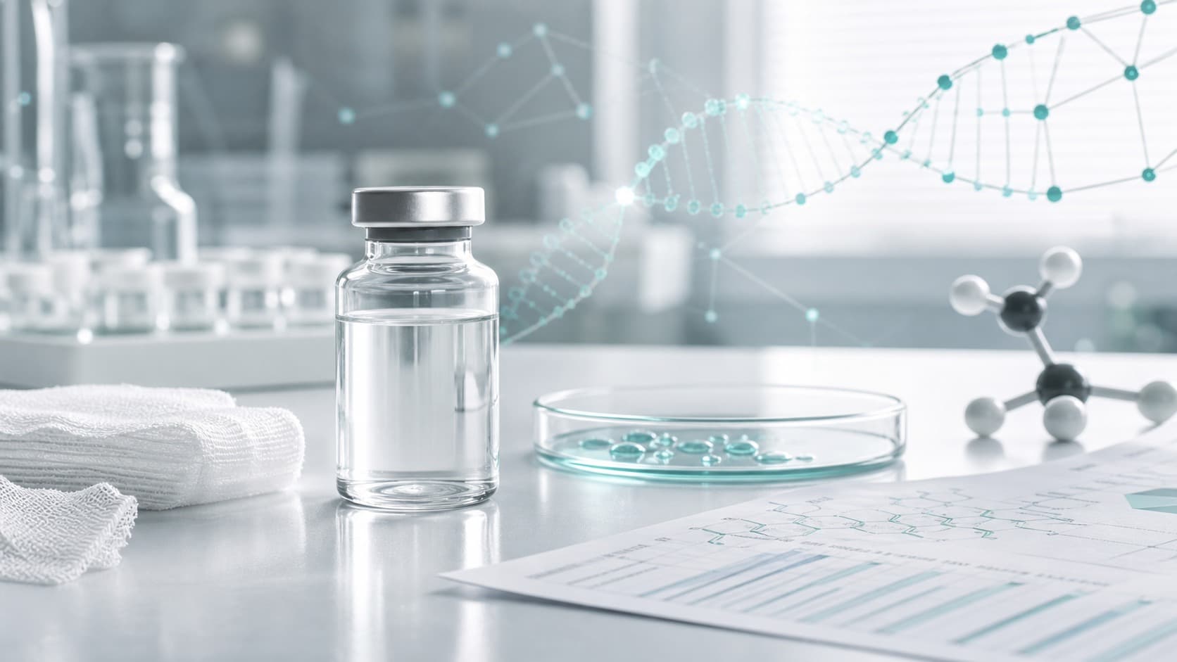 Clinical skin-repair research desk with unlabeled vial, culture dish, chart paper and subtle nucleotide-chain overlay