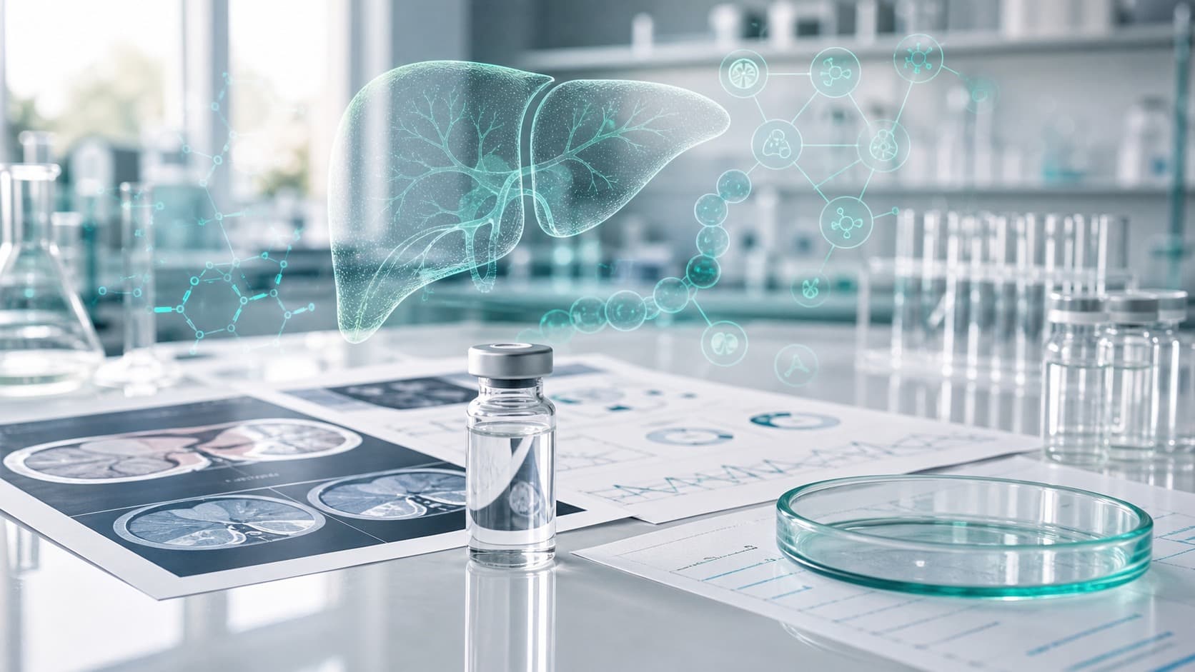 Bright hepatology research bench with unlabeled vial, liver scan sheet, metabolic charts and subtle teal peptide pathway overlays