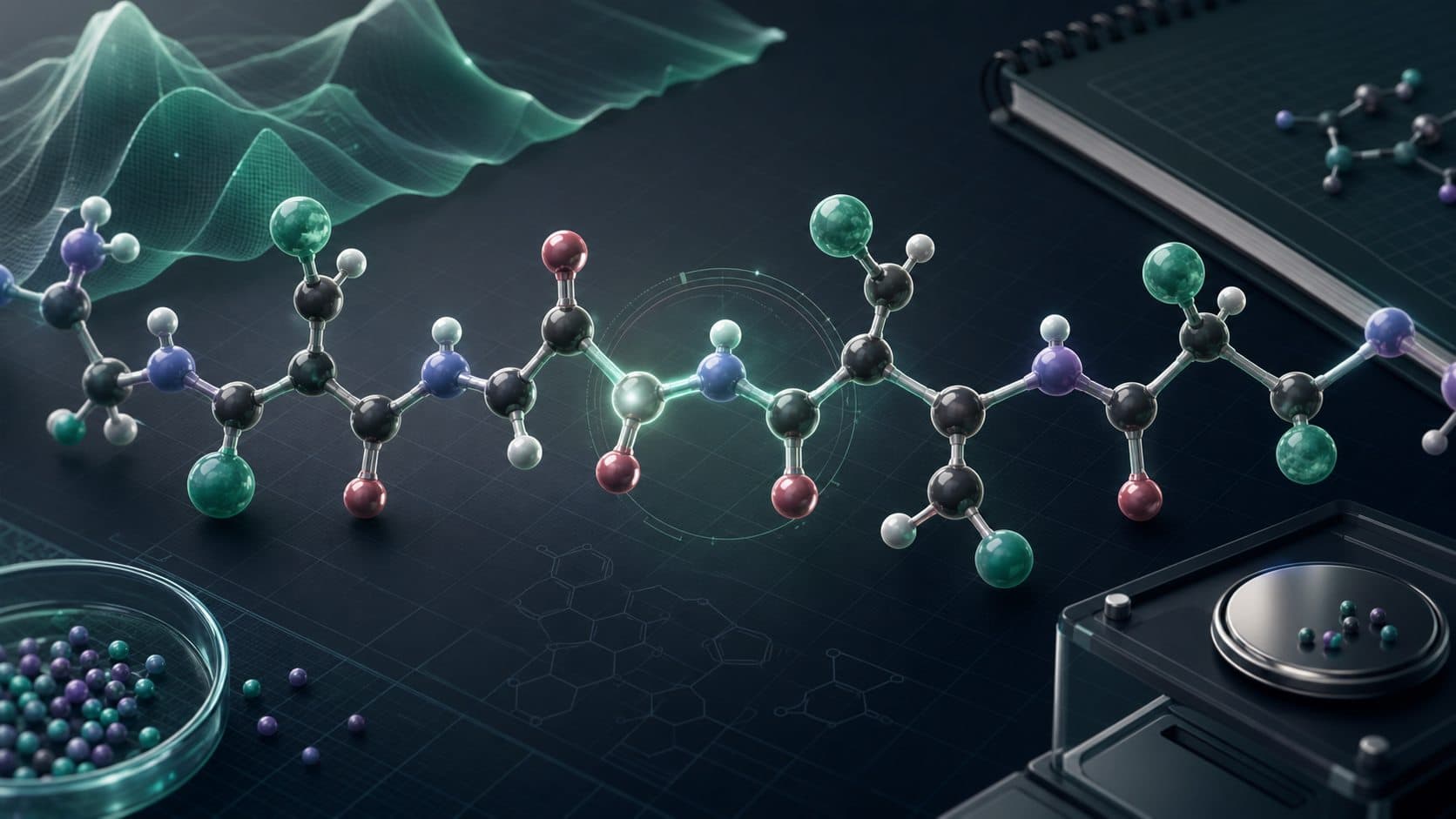 Luminous amino acid chain over a dark peptide chemistry workspace