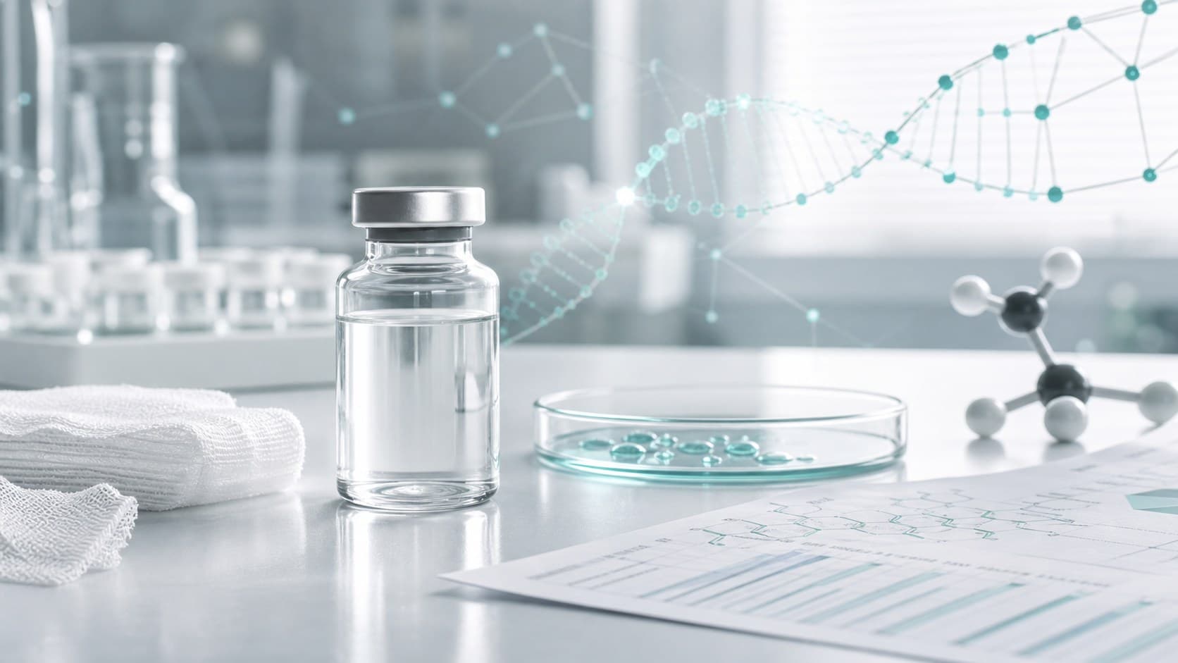 Analytical lab bench with unlabeled peptide vial, report sheet, glassware and subtle molecular overlays