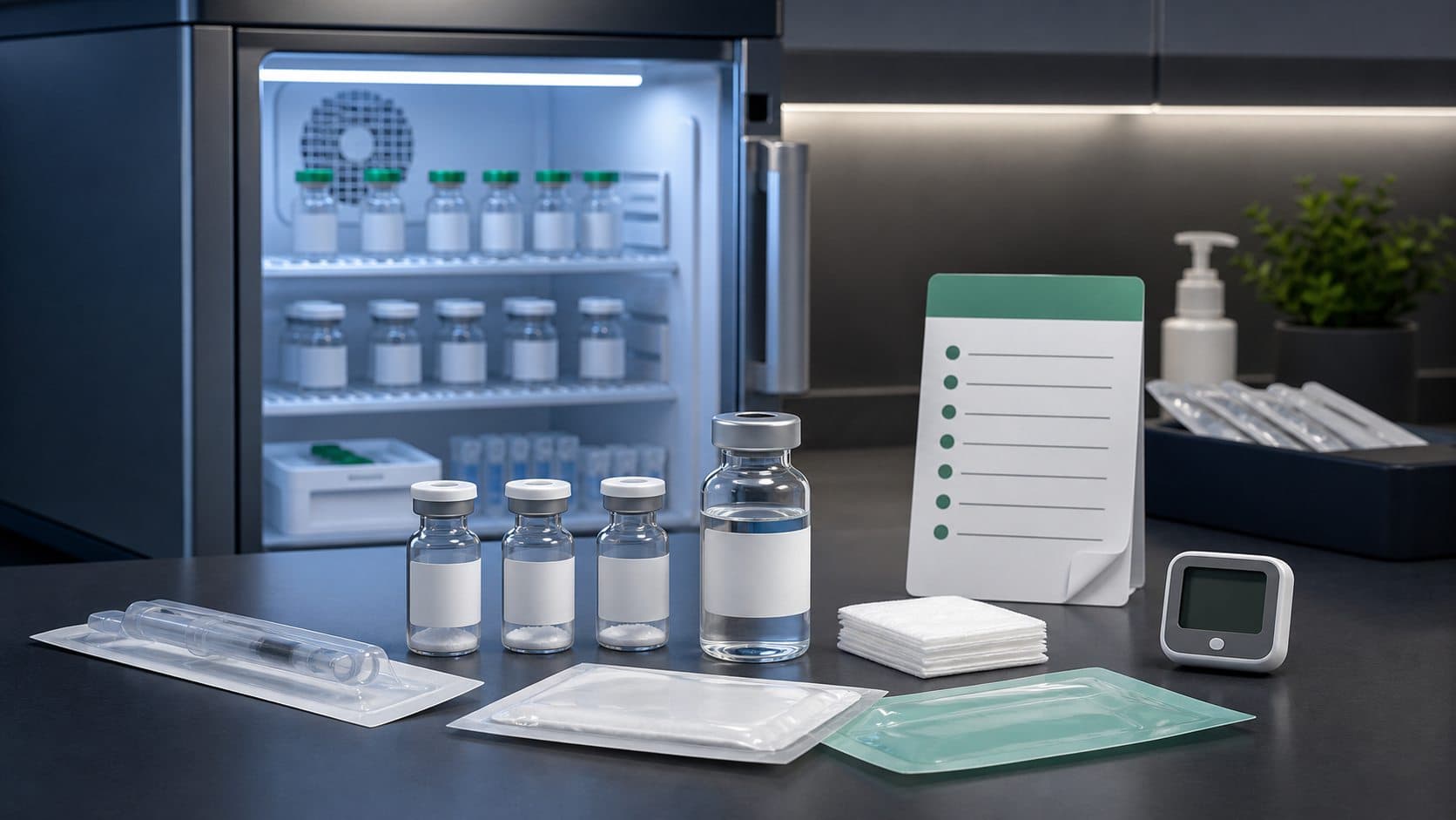 Sterile peptide vials, diluent, alcohol pads, and storage checklist in a clinical prep area