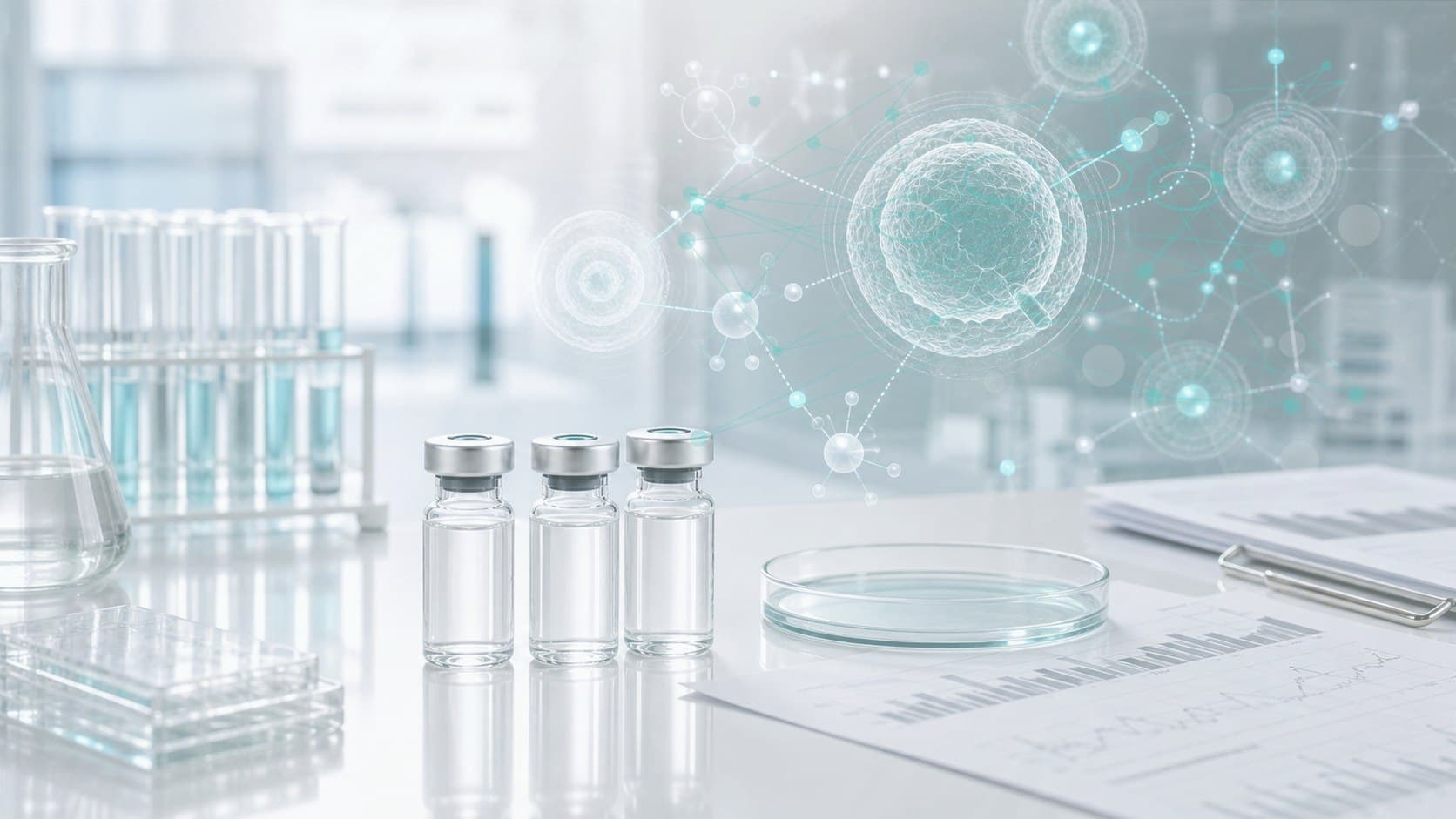 Clinical lab bench with unlabeled vial, peptide research notes and subtle cellular signaling overlay