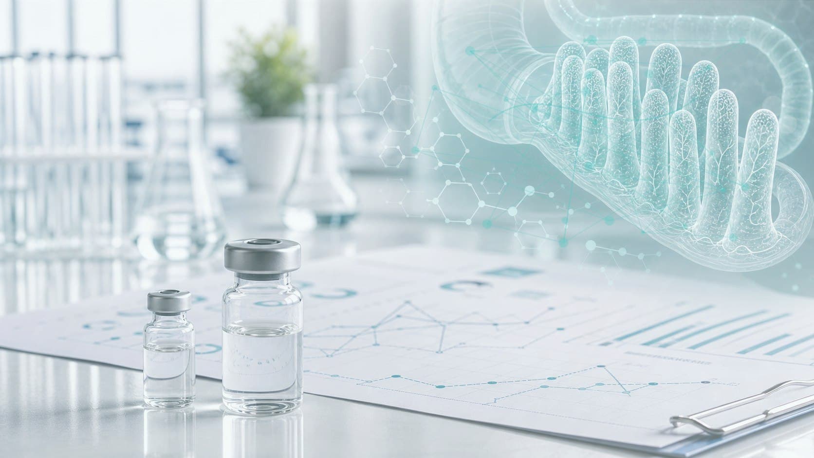 Clinical lab bench with unlabeled vial, intestinal research chart and subtle epithelial signaling overlay