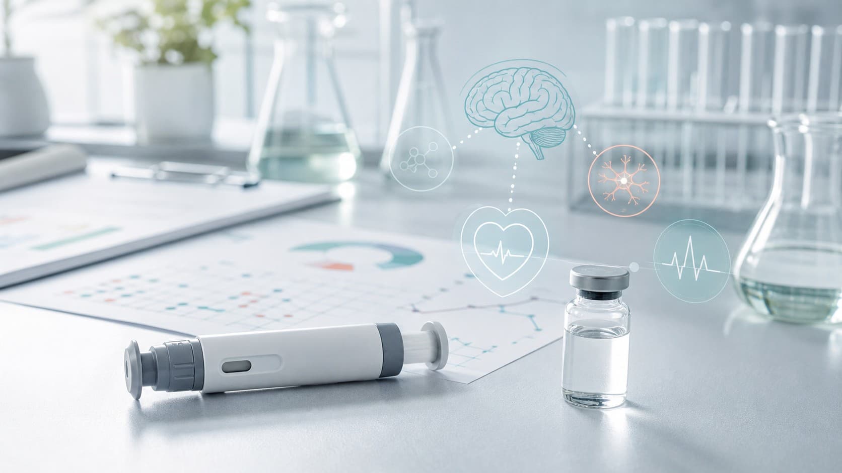 Clinical research desk with unlabeled autoinjector-like device, vial and receptor signaling overlays