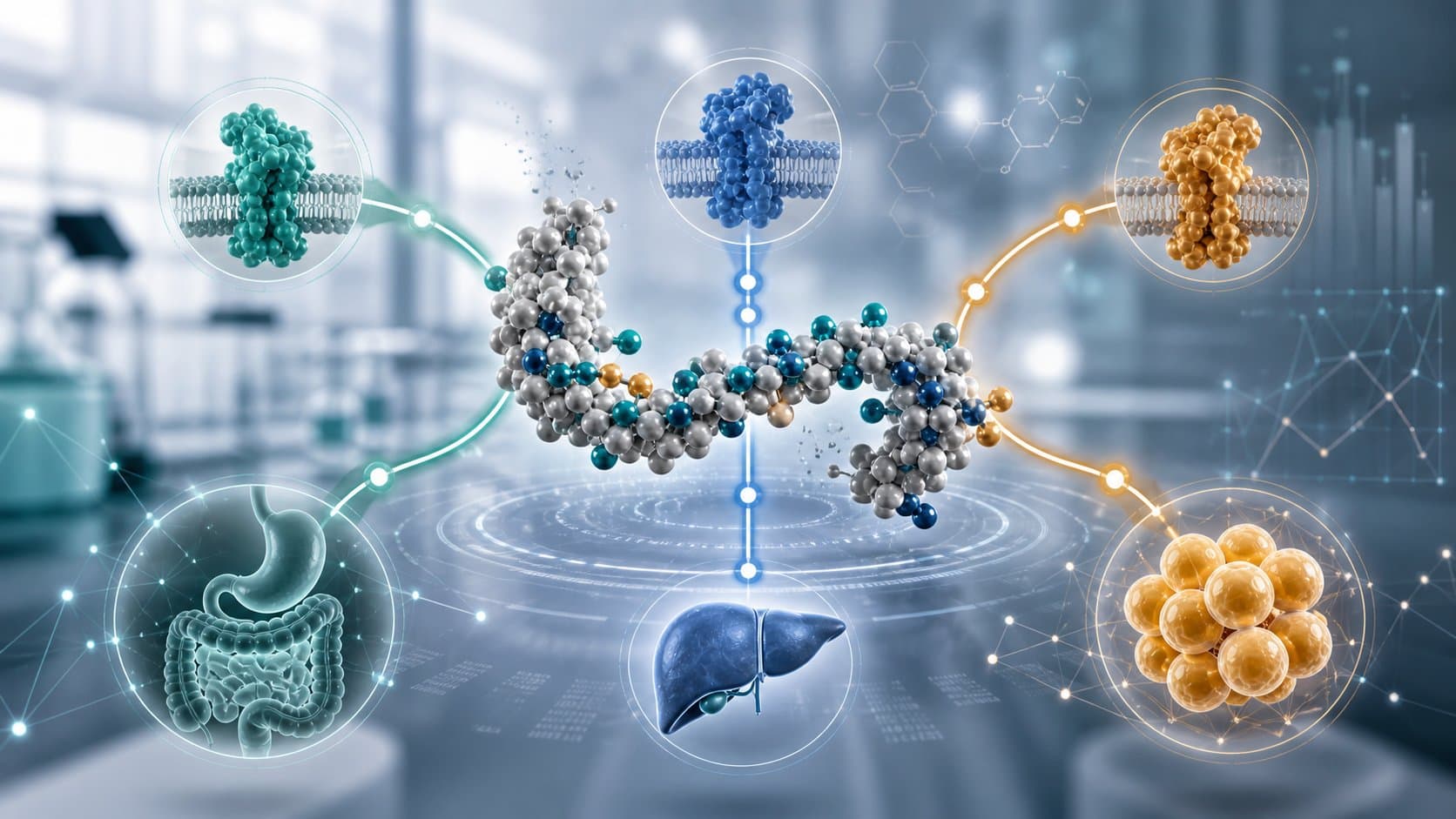 Triple-agonist peptide illustration showing GLP-1, GIP and glucagon receptor pathways