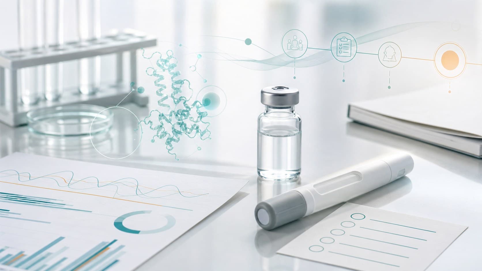 Clinical research desk with an unlabeled vial, product-neutral injector, blank trial charts and regulatory milestone overlays
