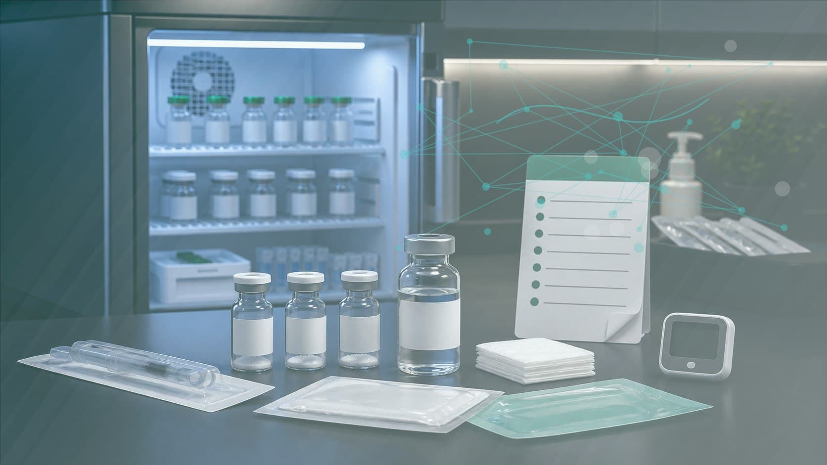 Clinical prep bench with unlabeled vial, diagnostic worksheet and subtle imaging marker overlay