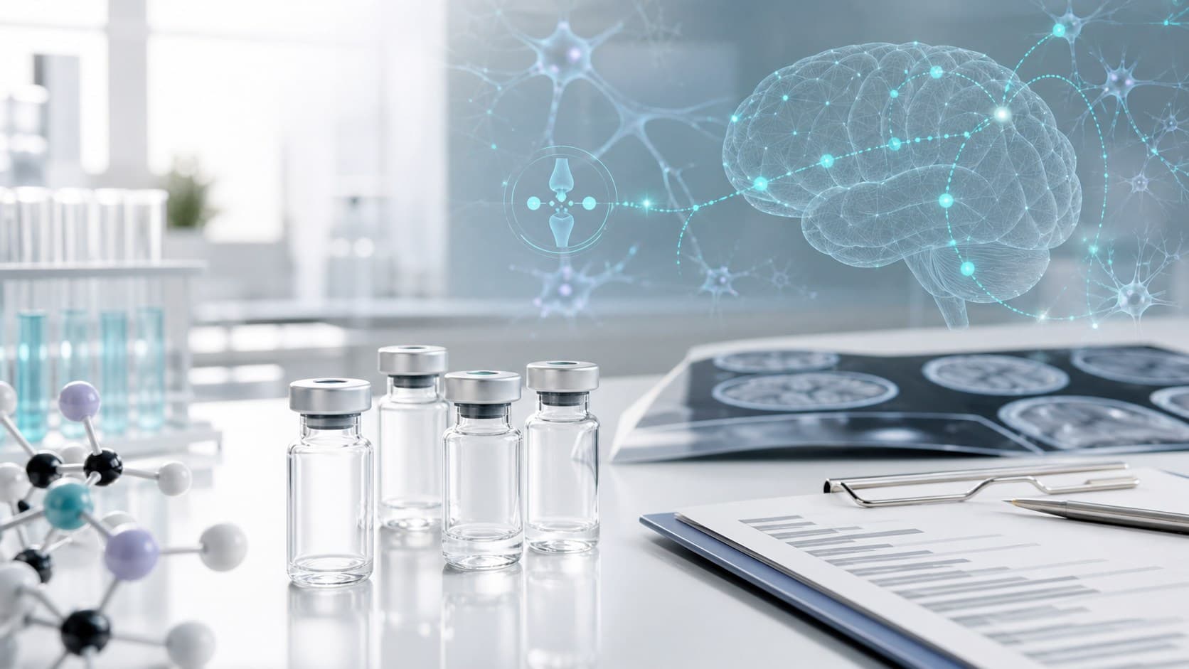 Clinical neuroscience research desk with peptide vials, brain scan sheet and subtle receptor signaling overlays