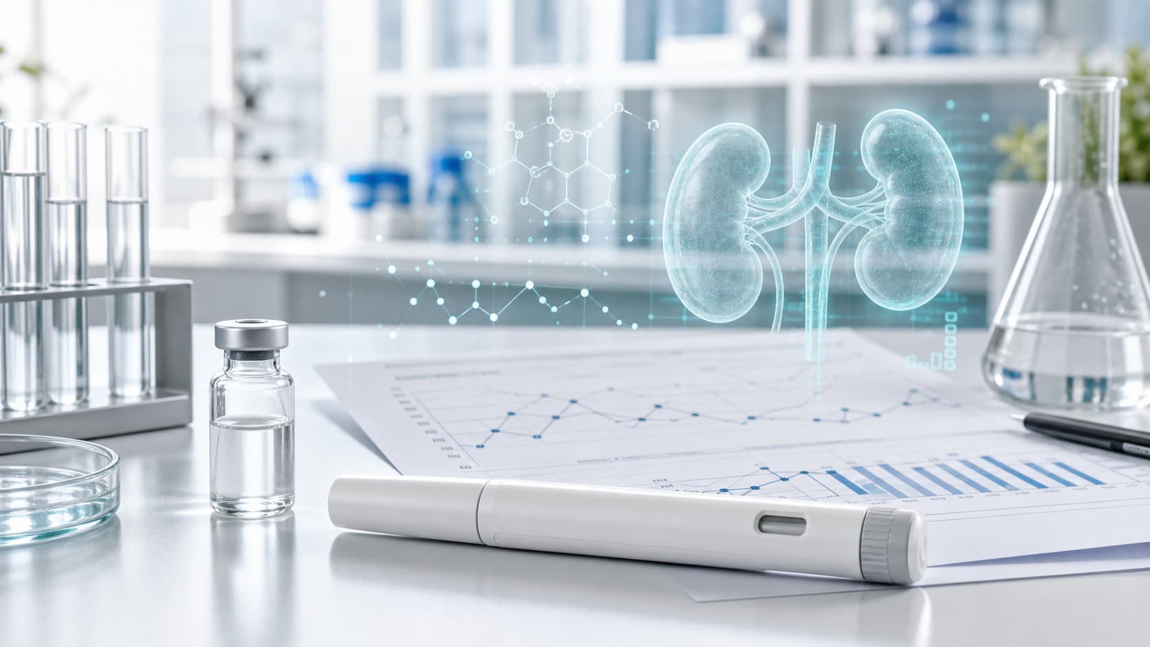 Bright clinical kidney research bench with an unlabeled pen device, vial, renal chart paper and subtle cyan data overlays