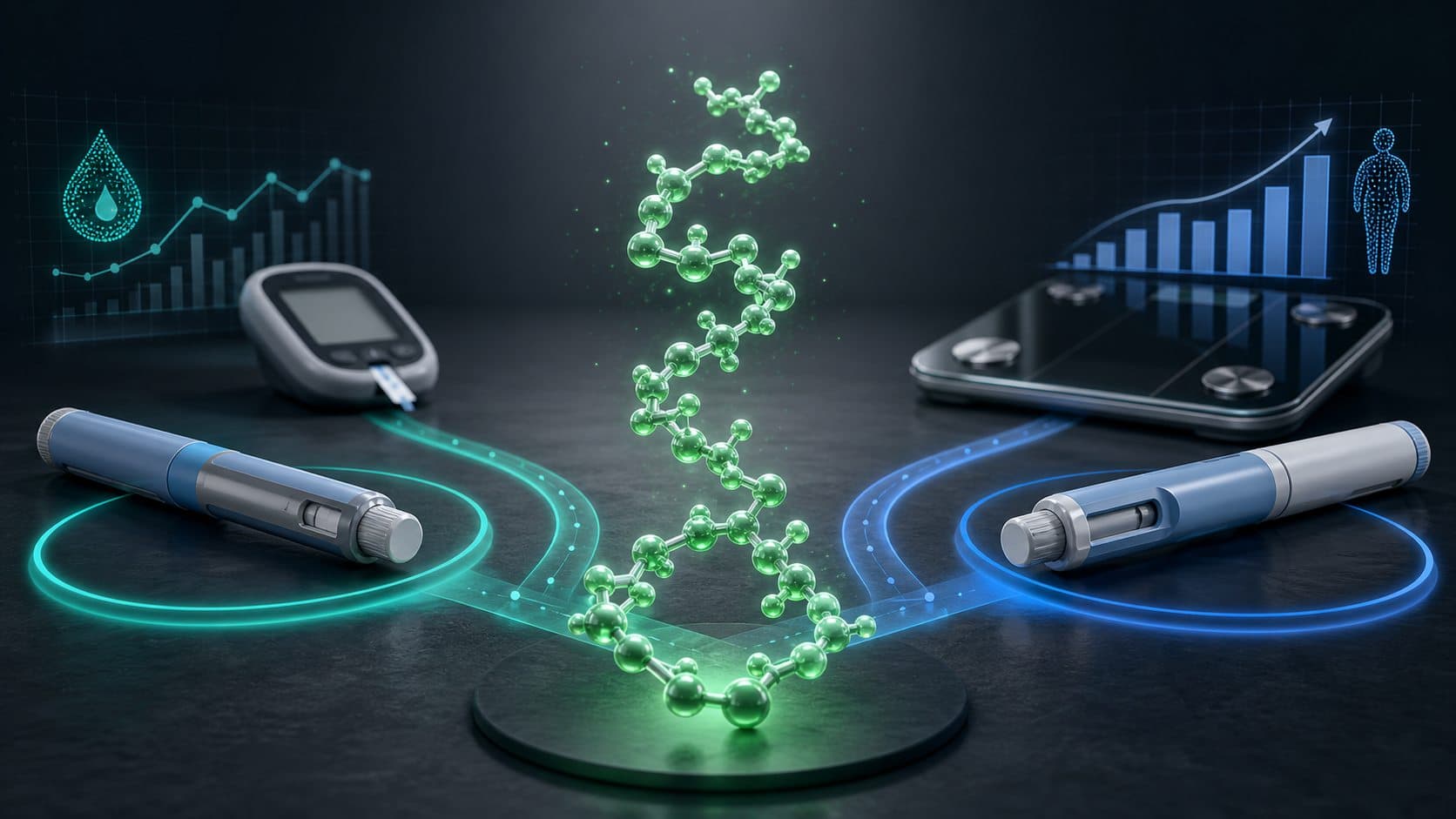 Semaglutide molecule branching toward glucose-monitoring and weight-management pathways