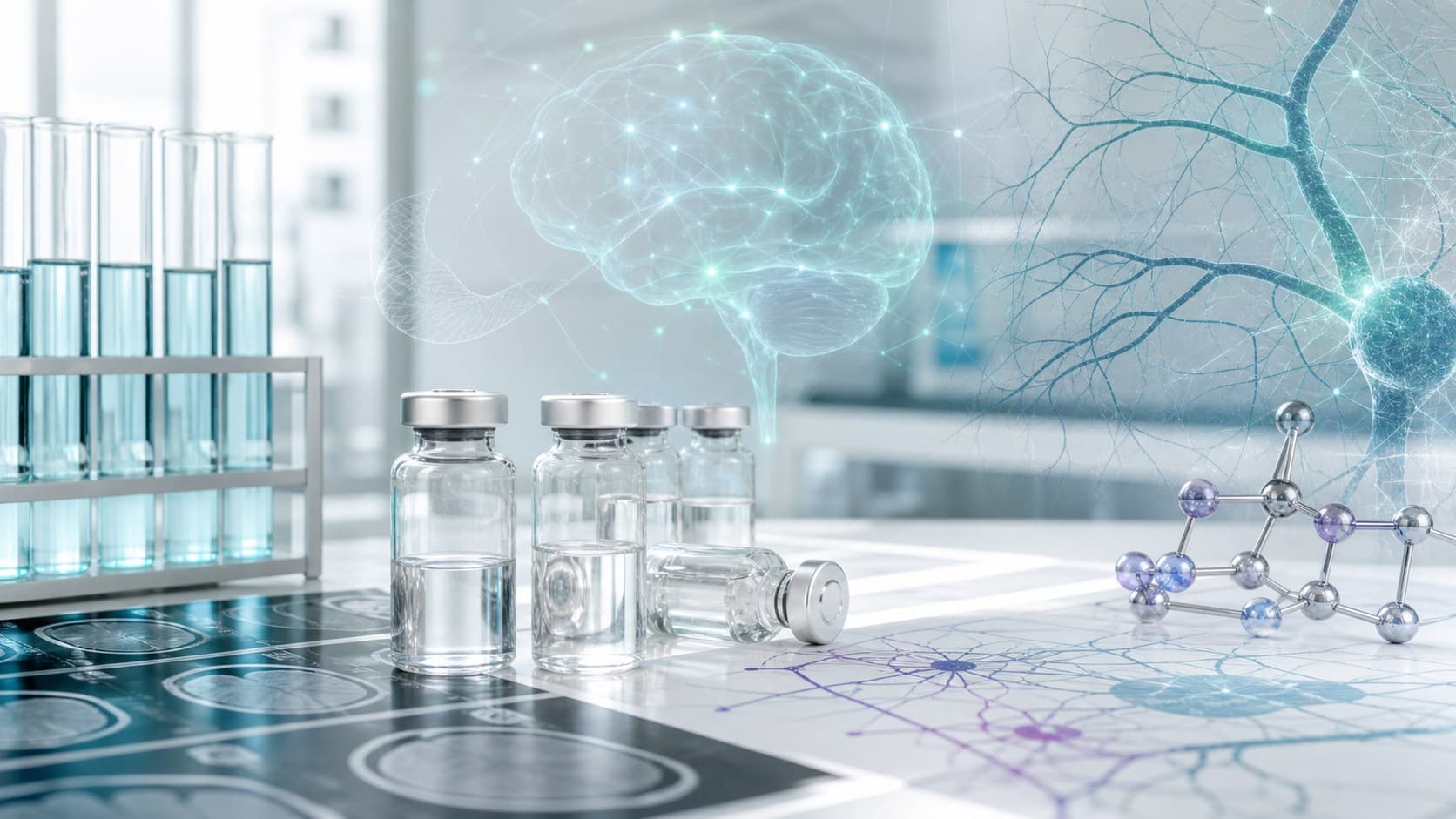 Clinical neuroscience research desk with peptide vials, brain scan sheet, molecular model and subtle neurovascular overlays