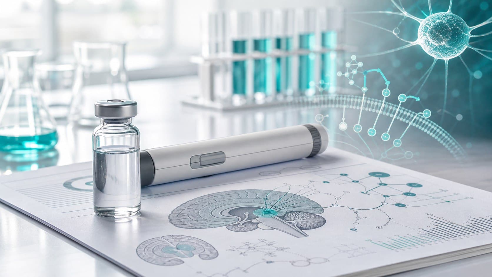 Clinical research desk with unlabeled vial, hypothalamus pathway sheets and subtle teal MC4R signaling overlays