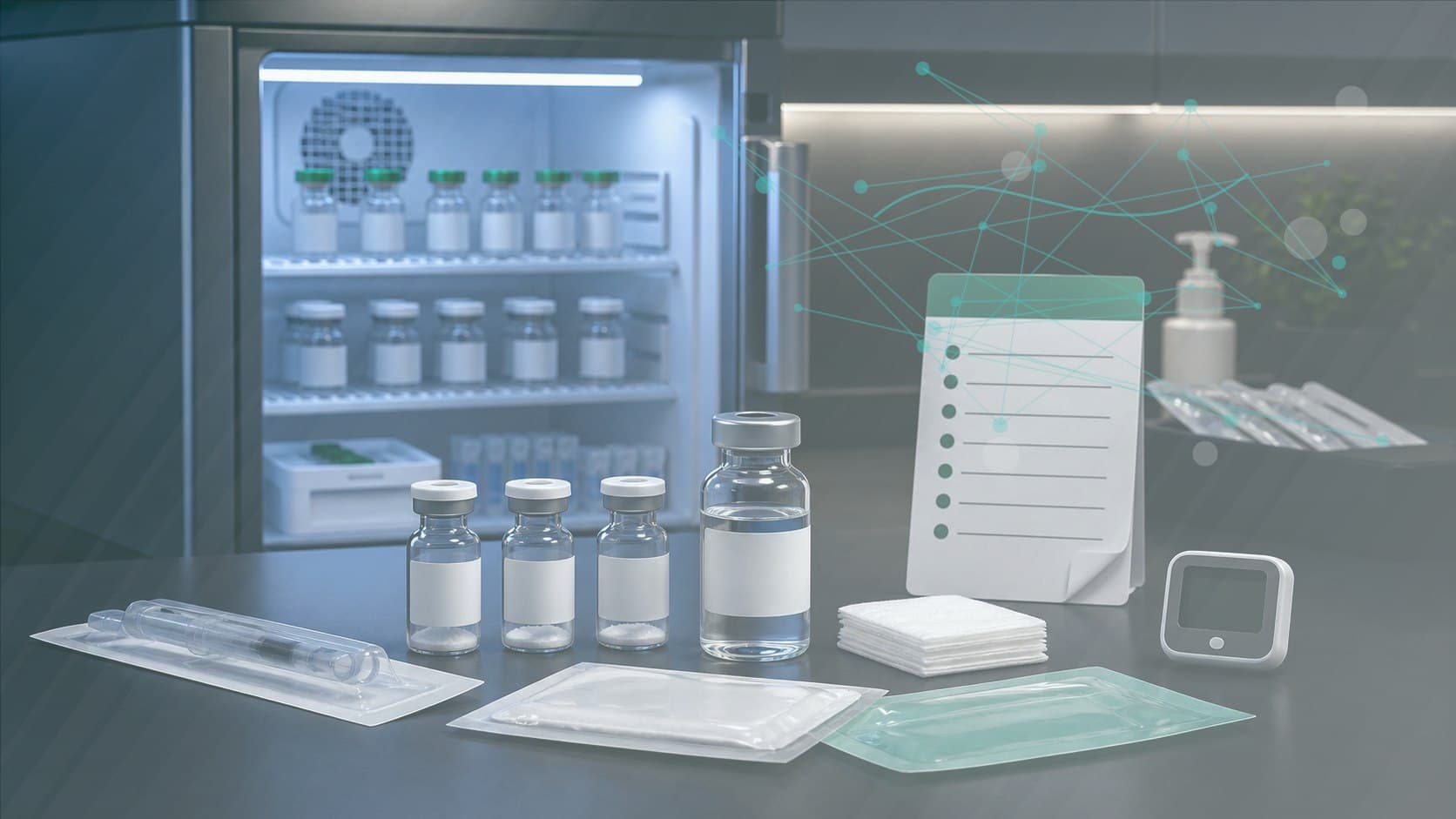 Clinical prep bench with unlabeled vial, diagnostic worksheet and subtle imaging marker overlay