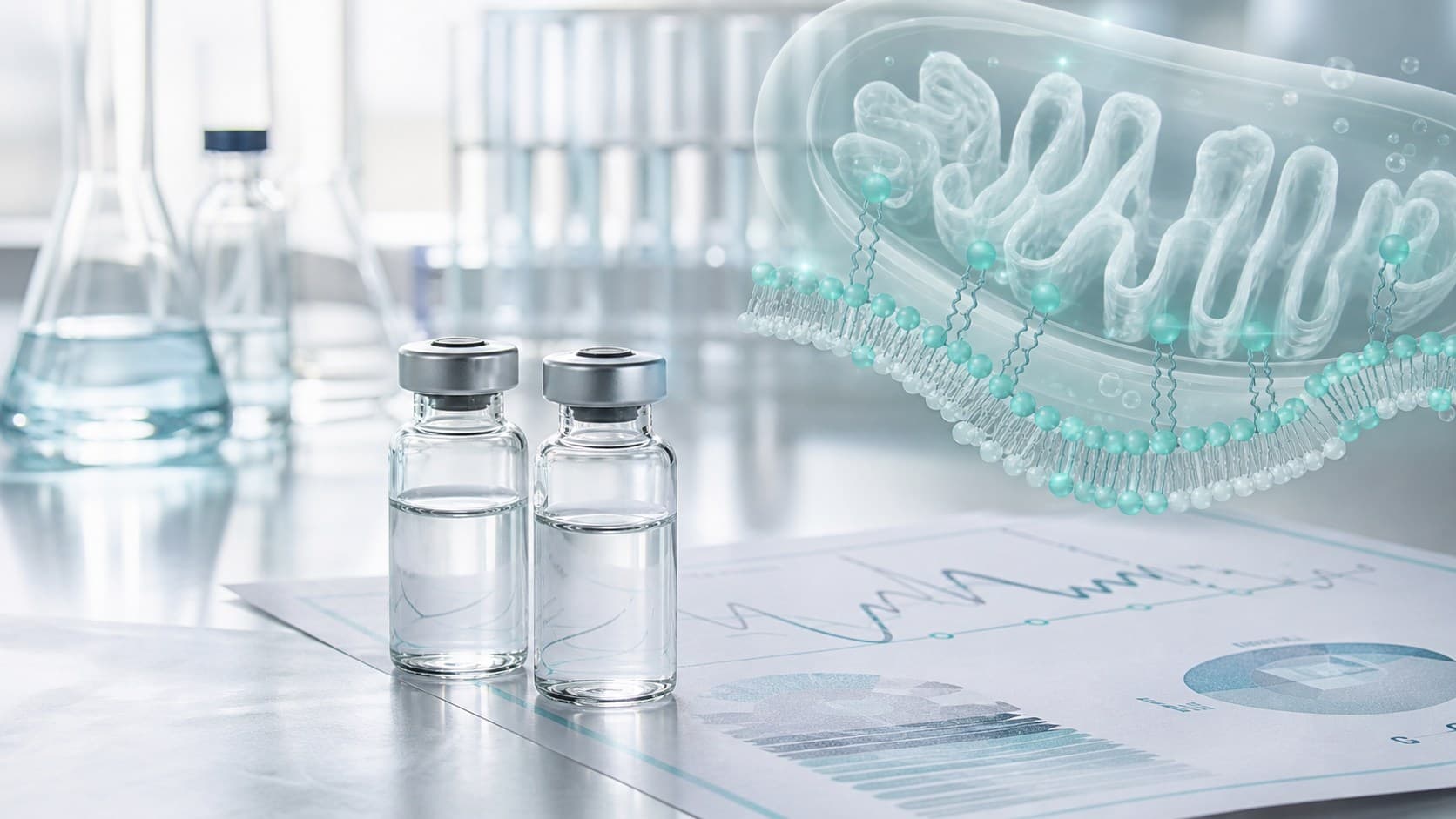 Clinical lab desk with unlabeled vials, mitochondrial diagram paper and a subtle cardiolipin membrane overlay