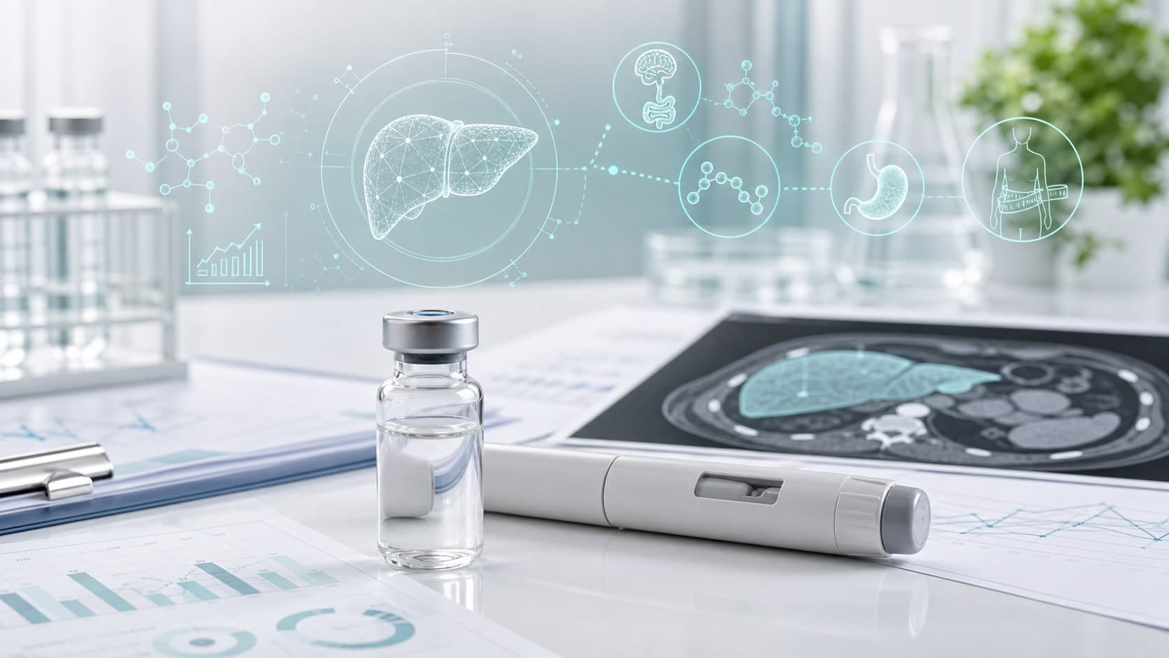Clinical research desk with unlabeled vial, liver imaging sheet, metabolic chart lines and teal scientific overlays