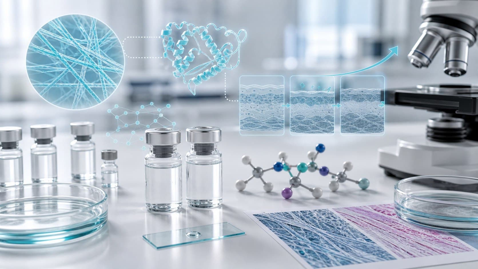 Clinical lab desk with unlabeled vials, tissue-fiber research sheets and subtle teal repair-pathway overlays