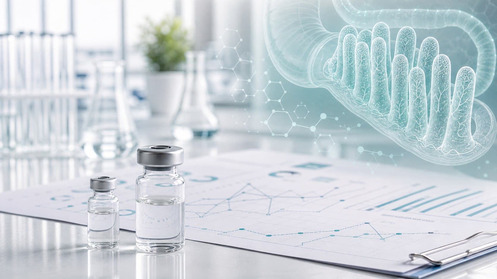 Clinical research bench with unlabeled vials, chart sheets and a translucent intestinal villi overlay