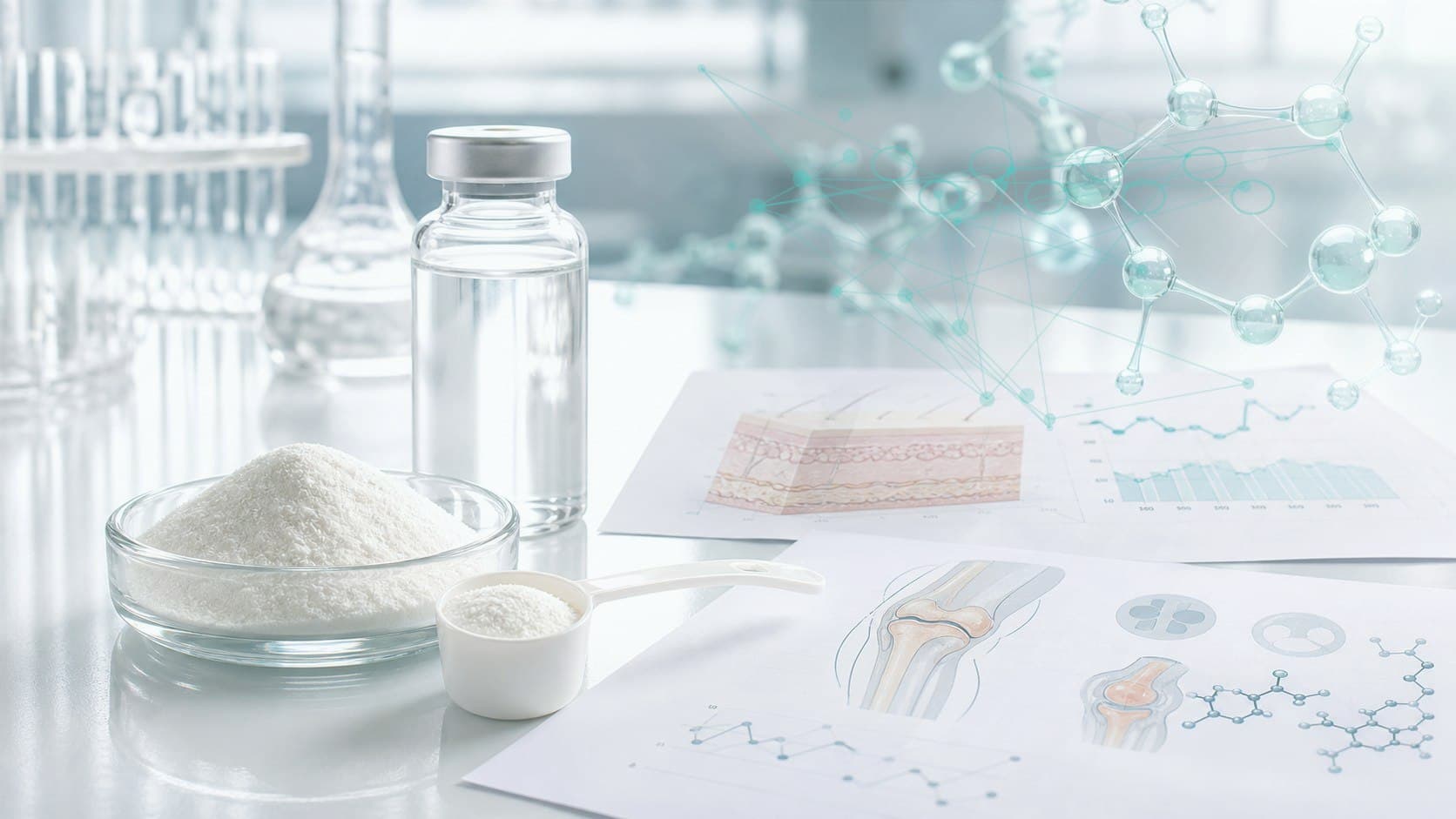 Clinical lab bench with unlabeled vial, bone-density chart and subtle bone microarchitecture overlay
