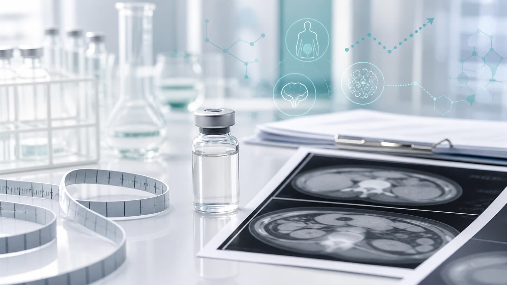 Clinical lab desk with unlabeled vial, abdominal imaging sheet, measuring ribbon and metabolic research overlays