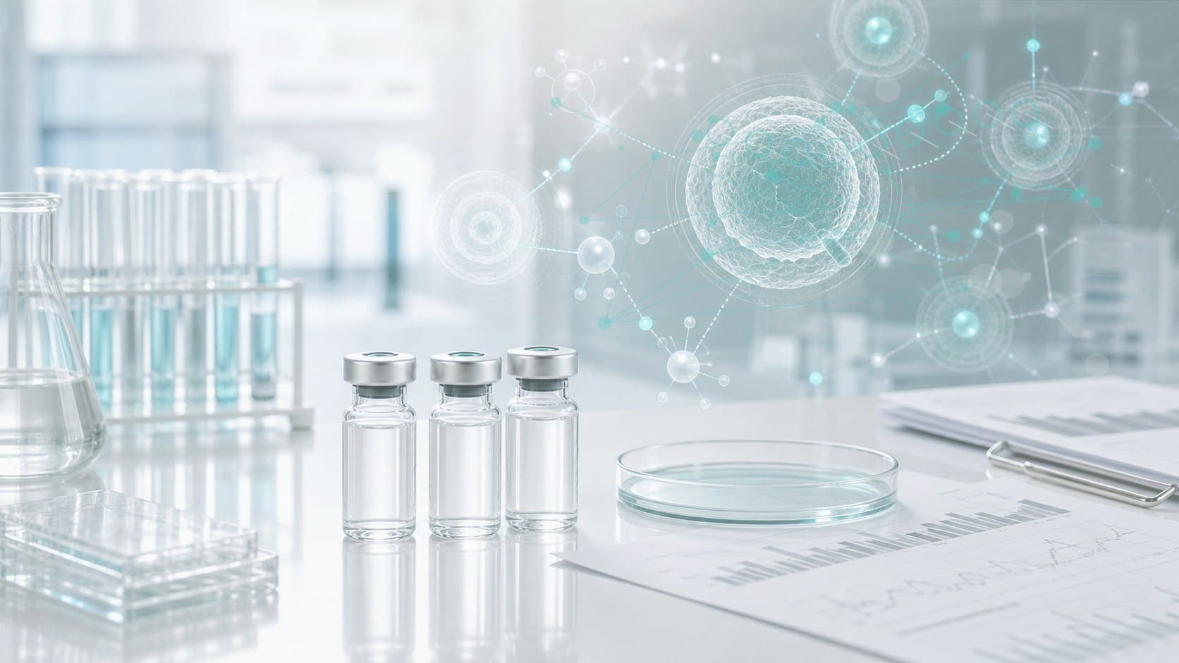 Clinical lab bench with unlabeled vial, immune signaling chart and subtle cellular defense overlay