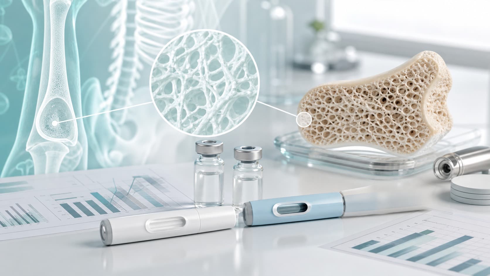 Unlabeled injection pens and vials beside bone-density charts and a bone microarchitecture overlay