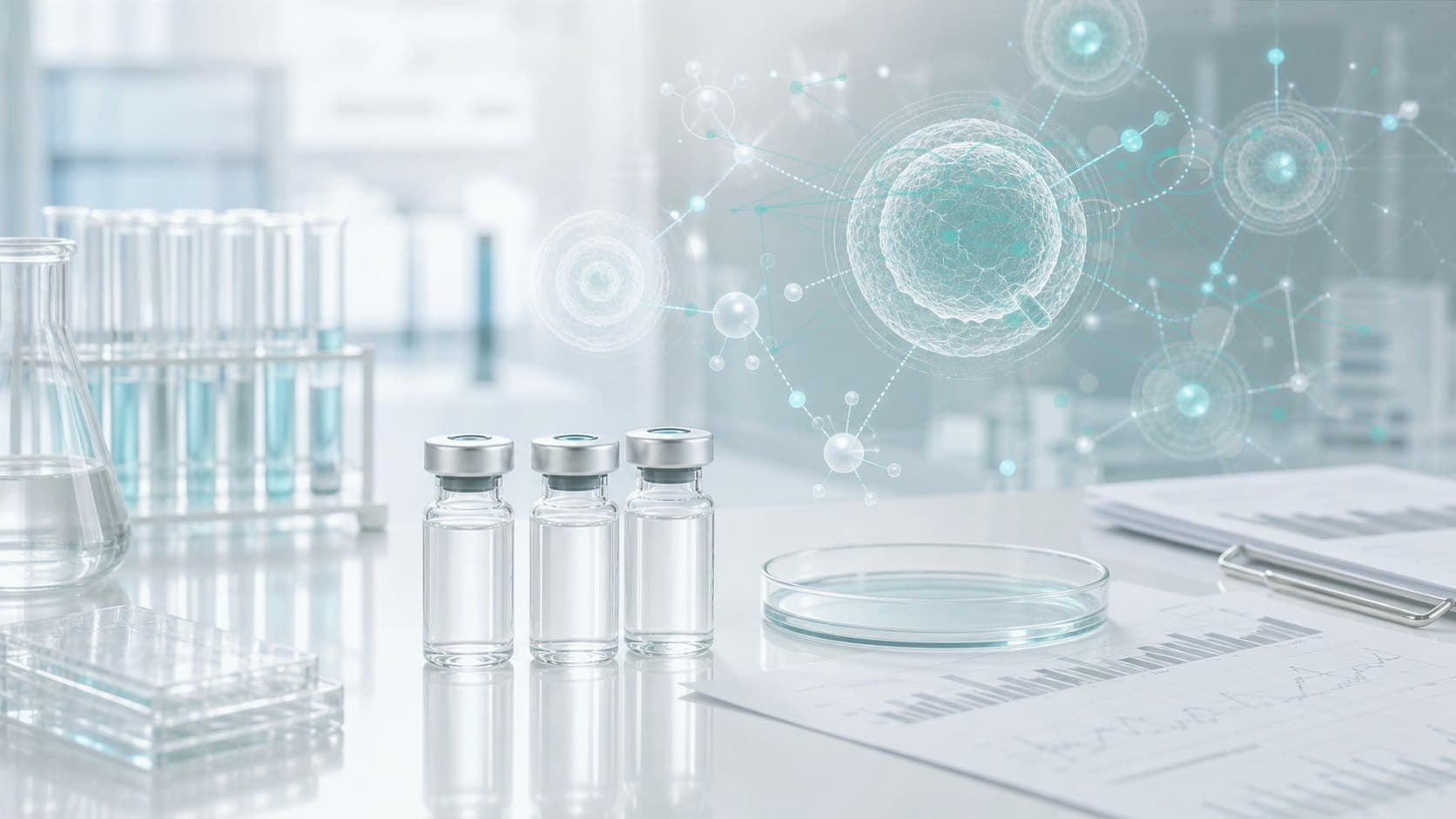Clinical lab bench with unlabeled vial, peptide research notes and subtle cellular signaling overlay