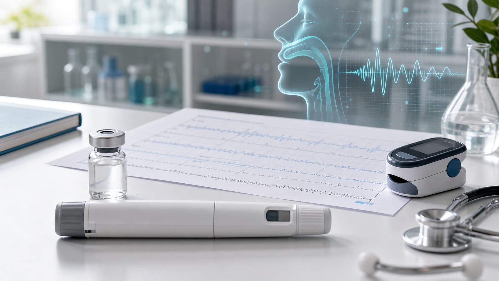 Bright clinical sleep-medicine desk with an unlabeled pen device, sleep study chart, vial and airway research overlay